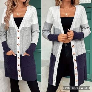 New Cozy Longline Cardigan Chunky Knit Colorblock Long Sleeves White Gray Navy